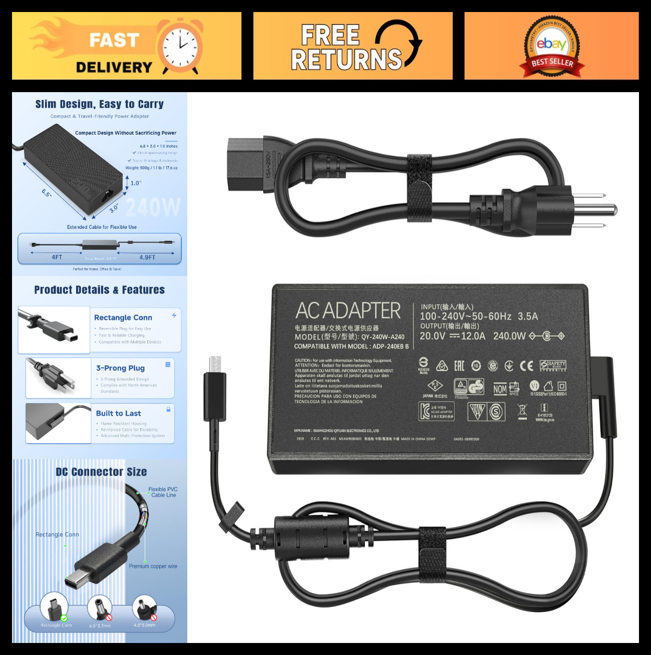 240W Universal Laptop Charger for Gaming & Creative Laptops - 20V/12A, Rectangle
