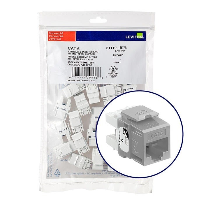 Leviton 61110-BG6 Extreme Category 6 8P8C UTP Quickport Jack Gray 25-pack