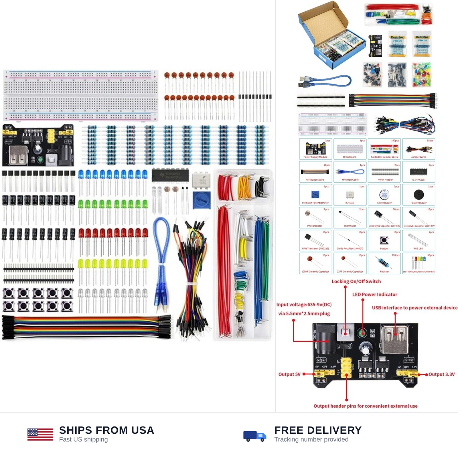 400pc electronics component kit breadboard jumper wire power supply resistors