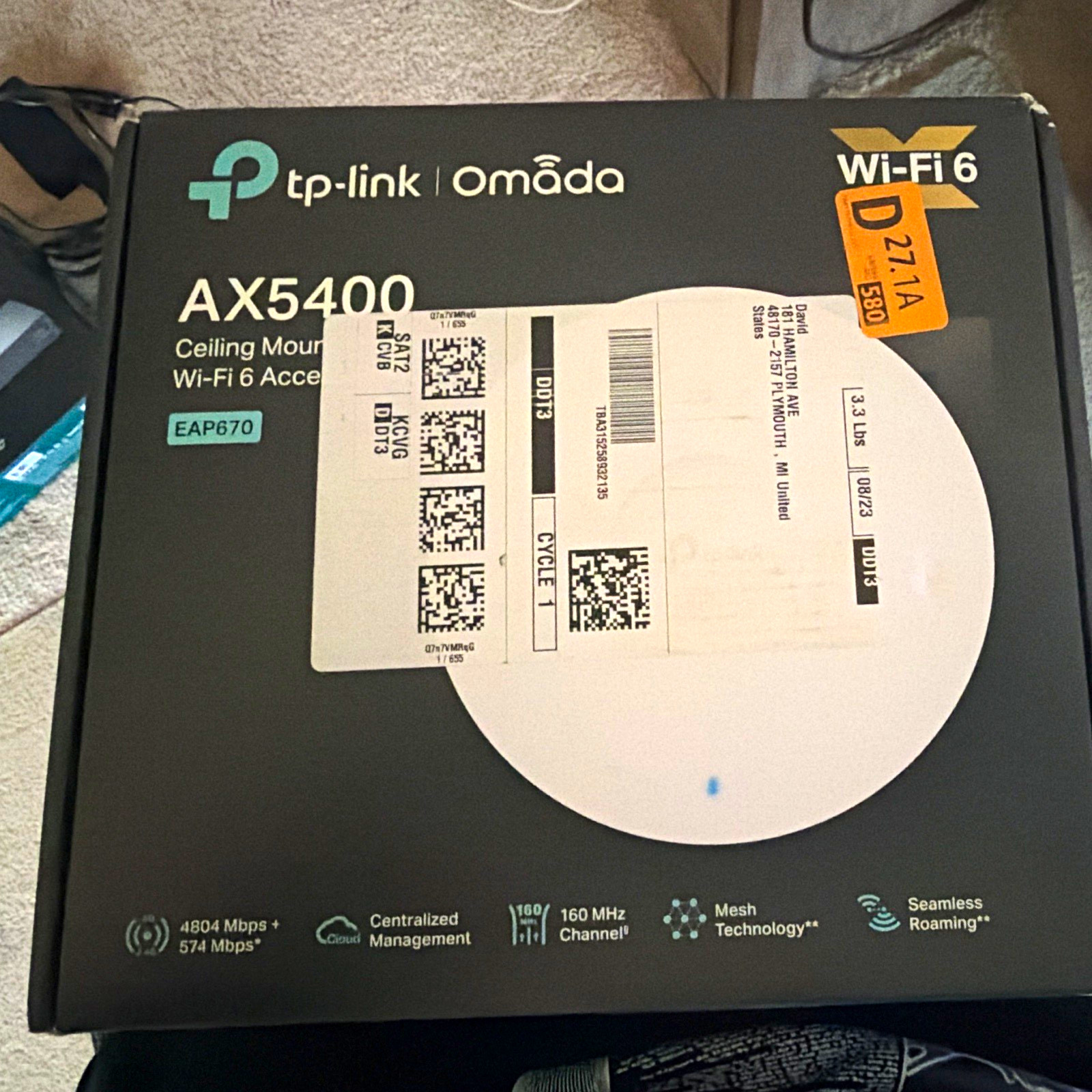 TP-Link Omada EAP670 V2 AX5400 Wi-Fi 6 Mesh Seamless Roaming WAP White