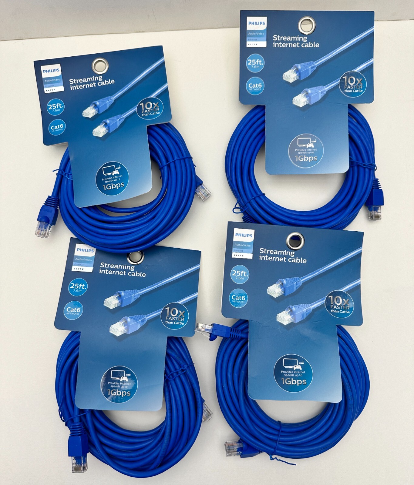 x4 Philips Streaming Internet Cable 25ft Cat6 Blue Audio/Video