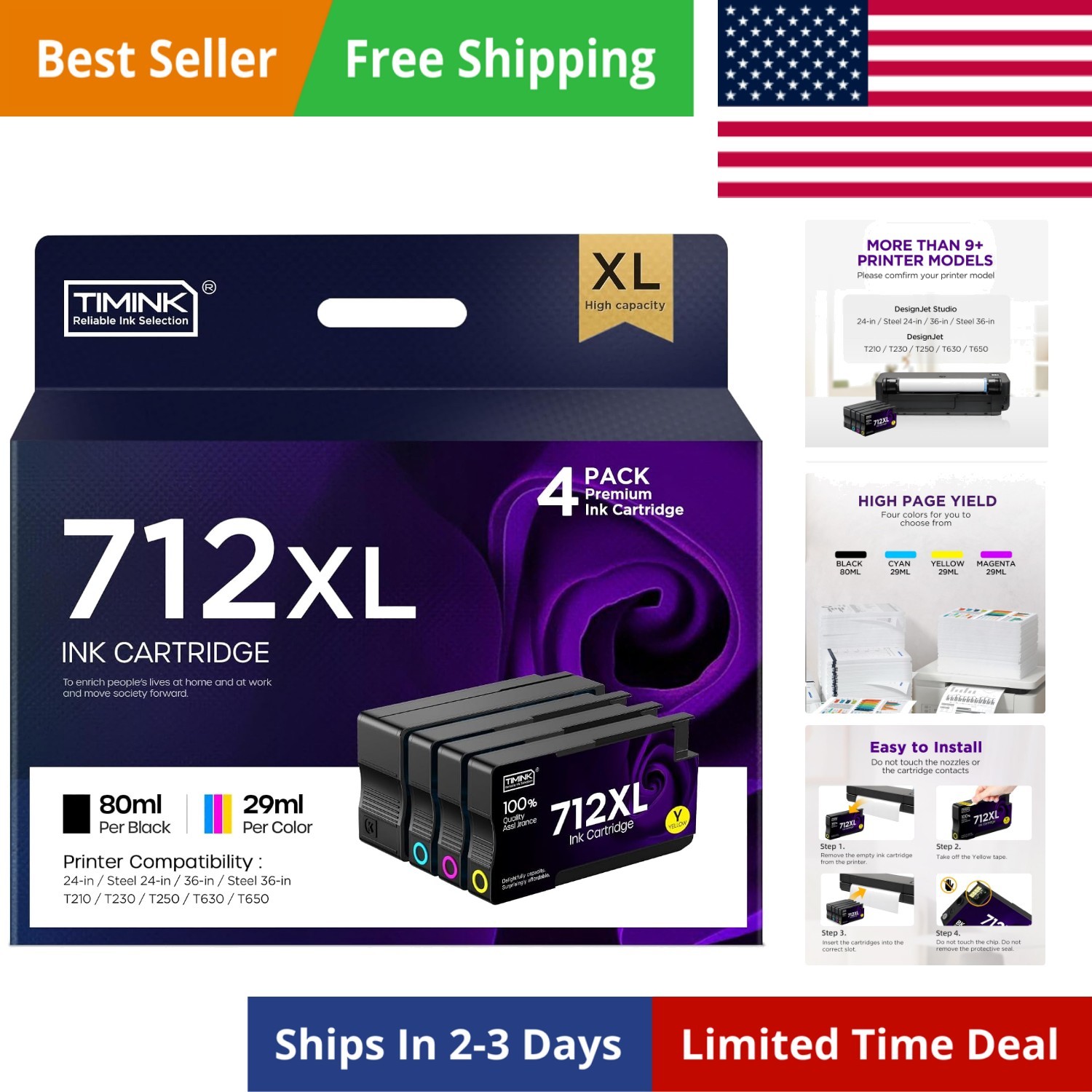 712 Ink Cartridges High Yield Replacement for 712XL Combo Pack, Compatiable w...