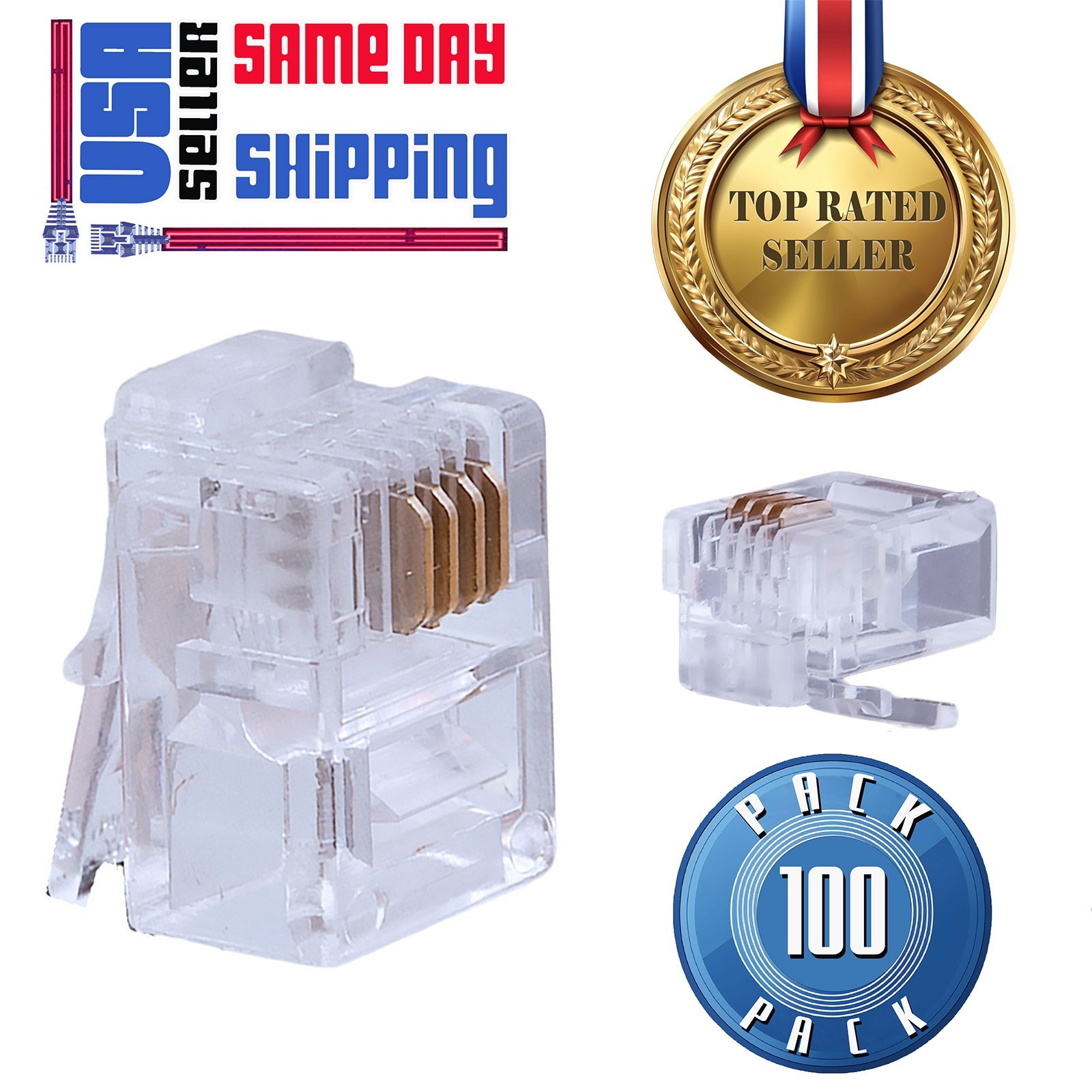  100 Pack - RJ11 6P4C Modular Plug RJ-11 Cat3 