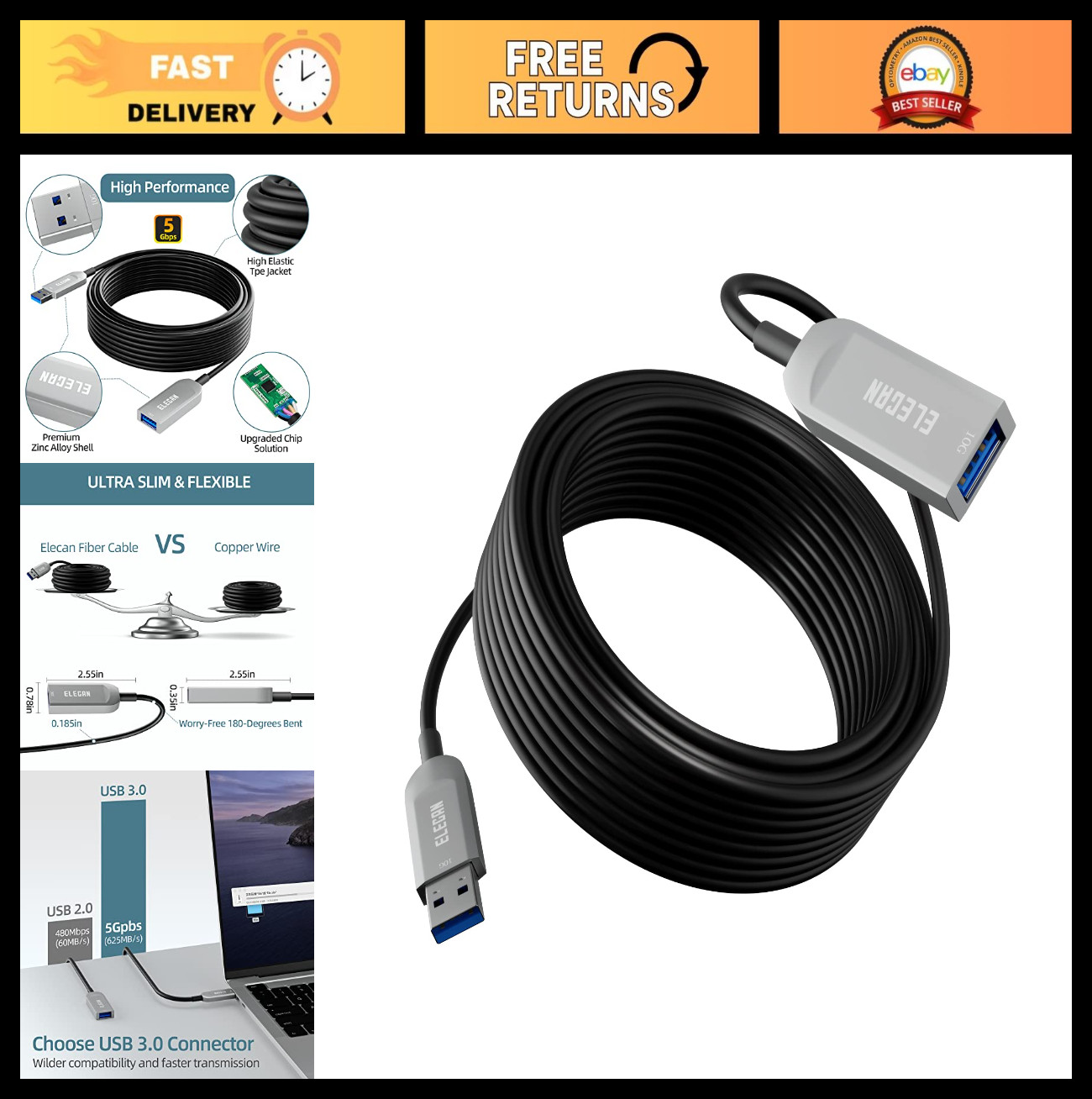 50FT USB 3.0 Active Optical Extension Cable - Type A Male to Female, 5Gbps Data