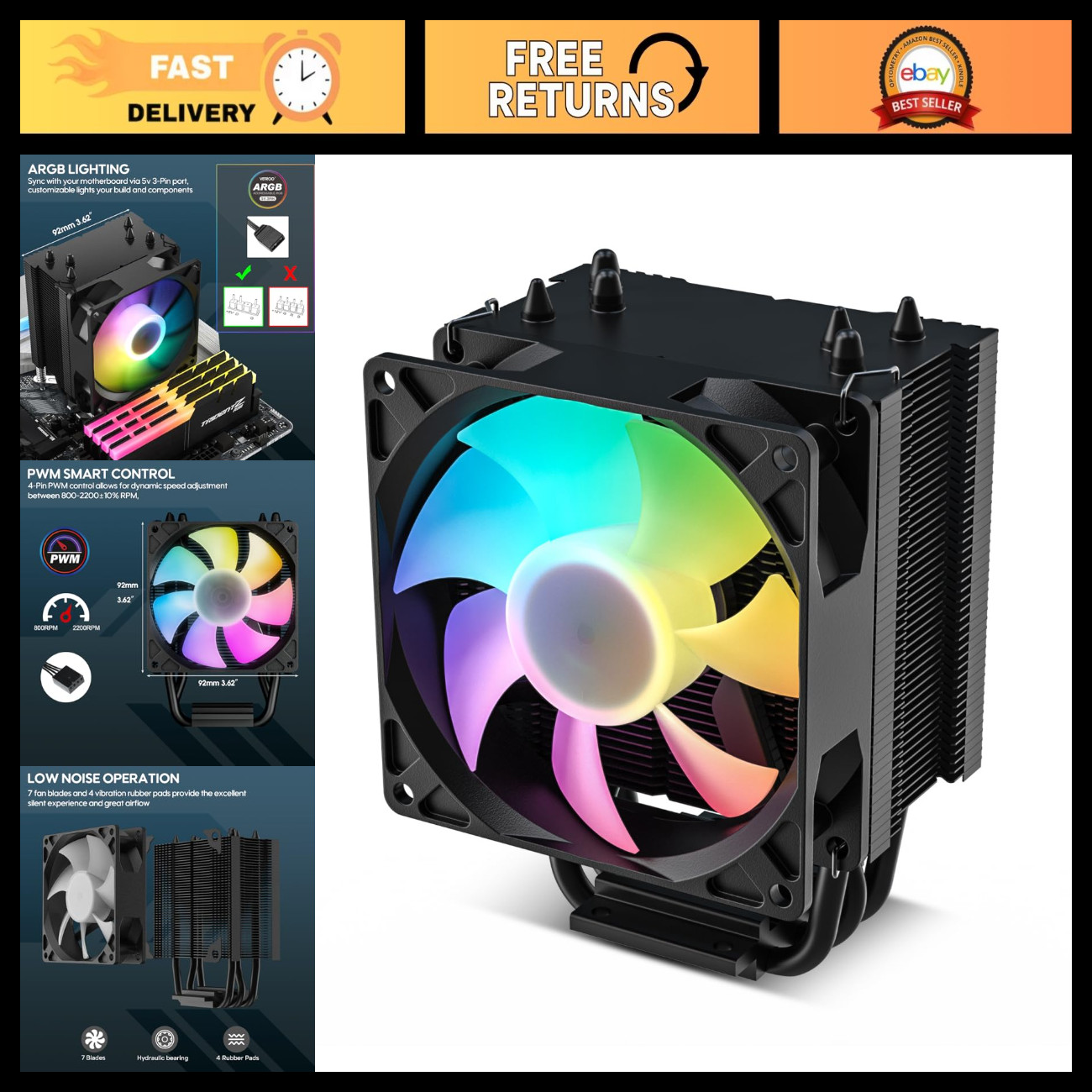 Compact CPU Air Cooler with ARGB Lighting, PWM Control, Low Noise, Efficient Coo