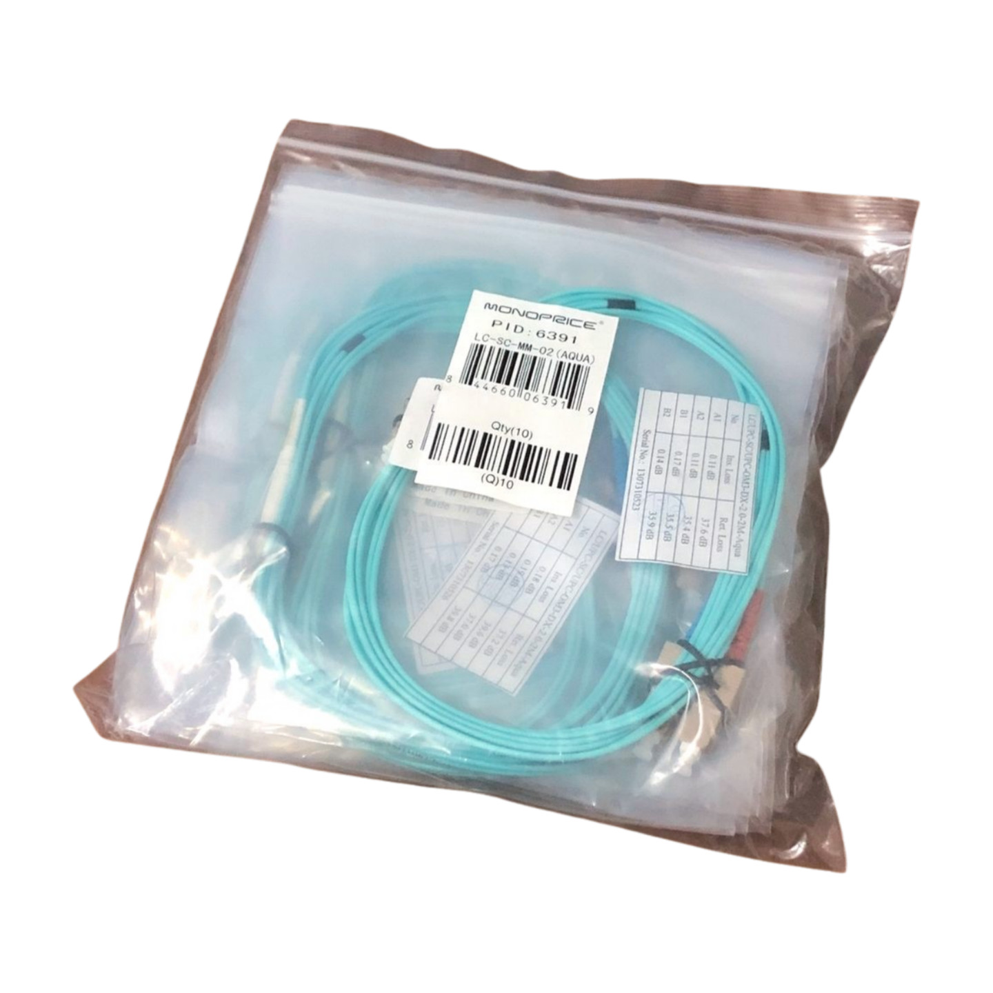 lot of 10 MONOPRICE 6391 Fiber Patch Cable Duplex LC to SC MM Aqua