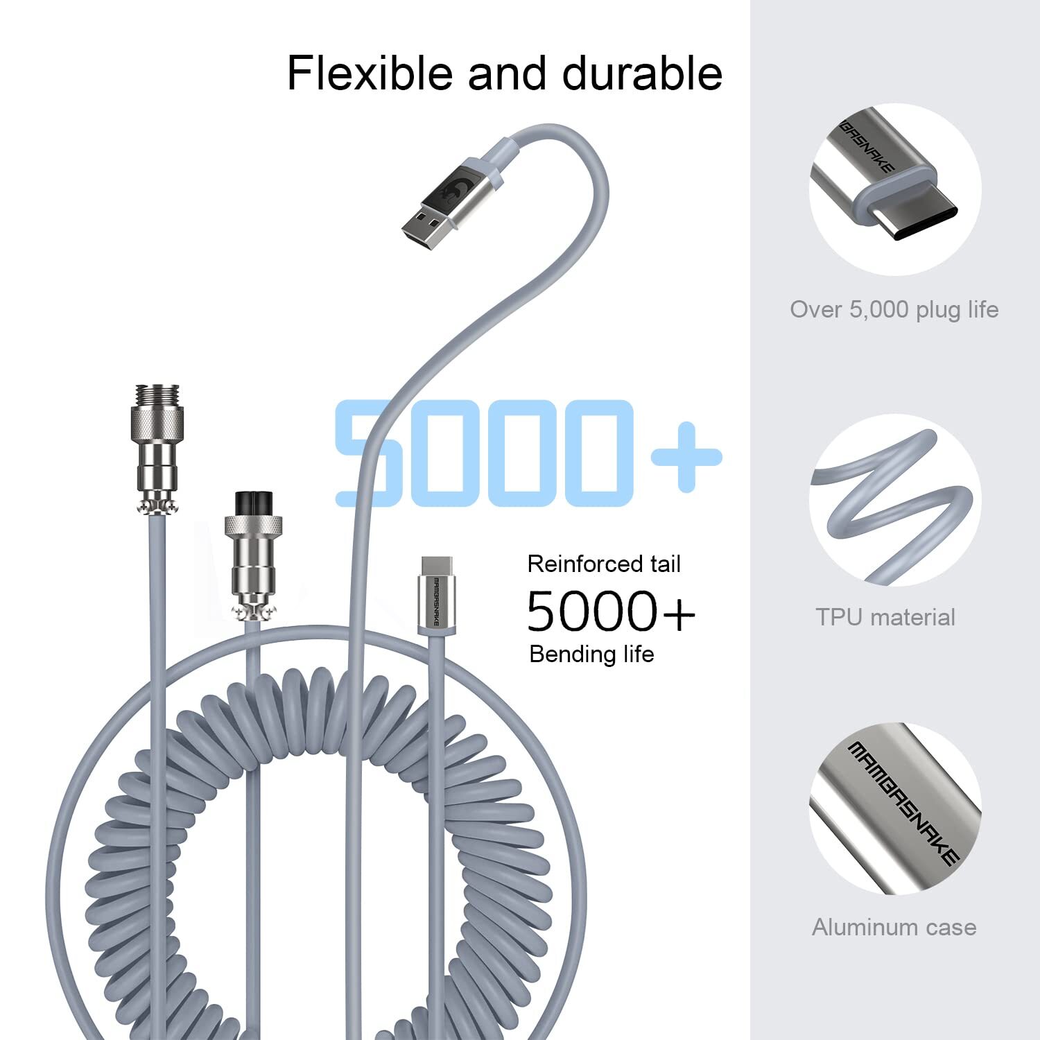 MAMBASNAKE C01  Coiled Keyboard Cable with Detachable Metal Aviation Connector