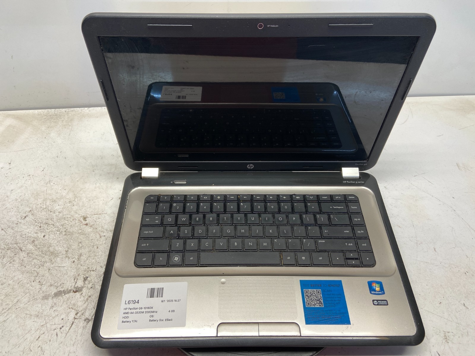 HP Pavilion G6-1D18DX AMD A4-3320M 2000MHz 4 GB NO HDD