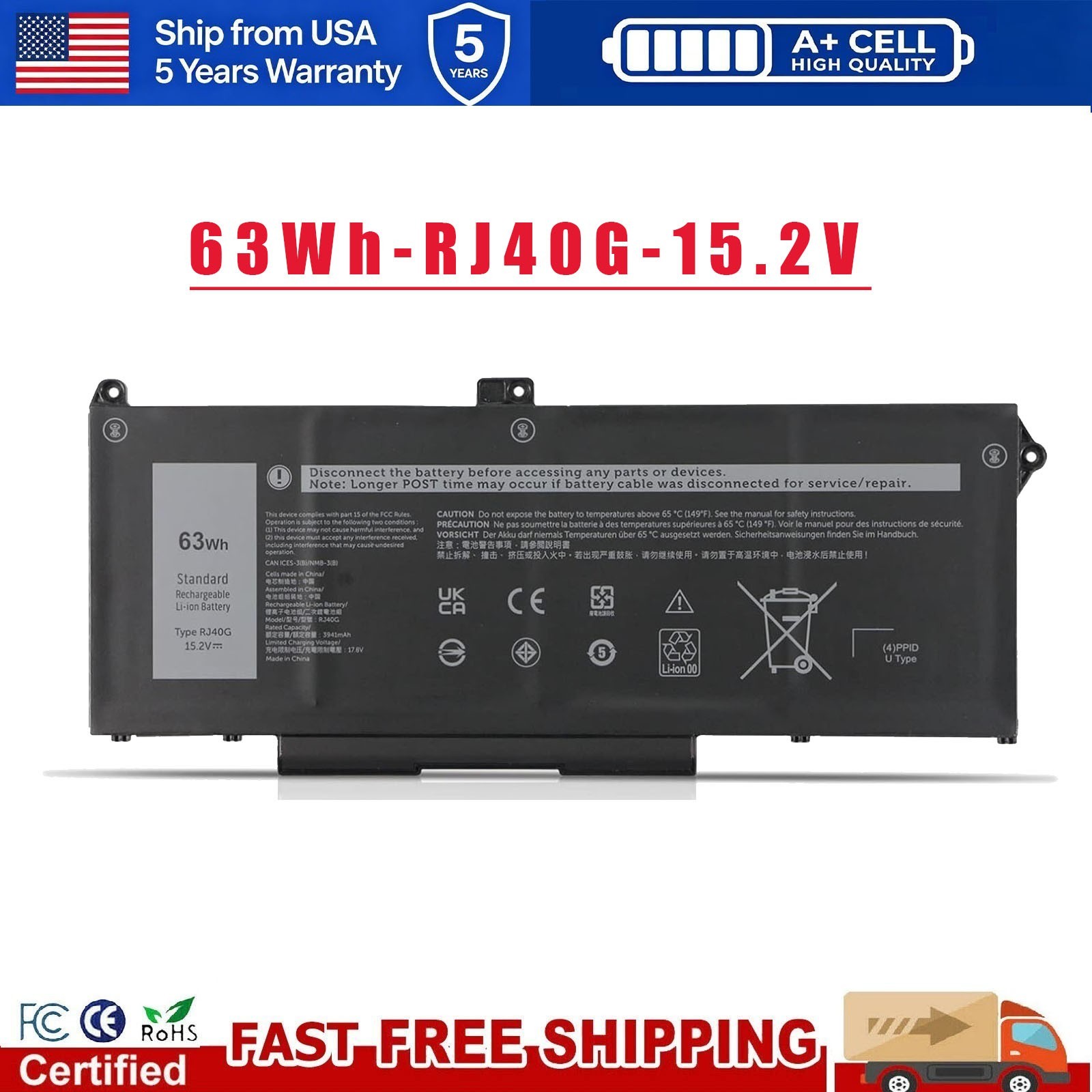 RJ40G 63Wh Battery For Dell Latitude 14 5420 15 5520 Precision 15 3560 M033W NEW
