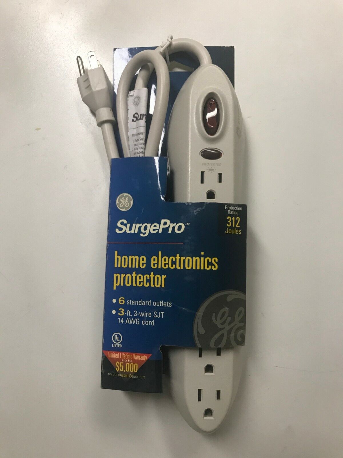 GE SurgePro 6-Outlet Home Electronics Protector 312 Joules, 3-ft. 14 AWG 3-wire