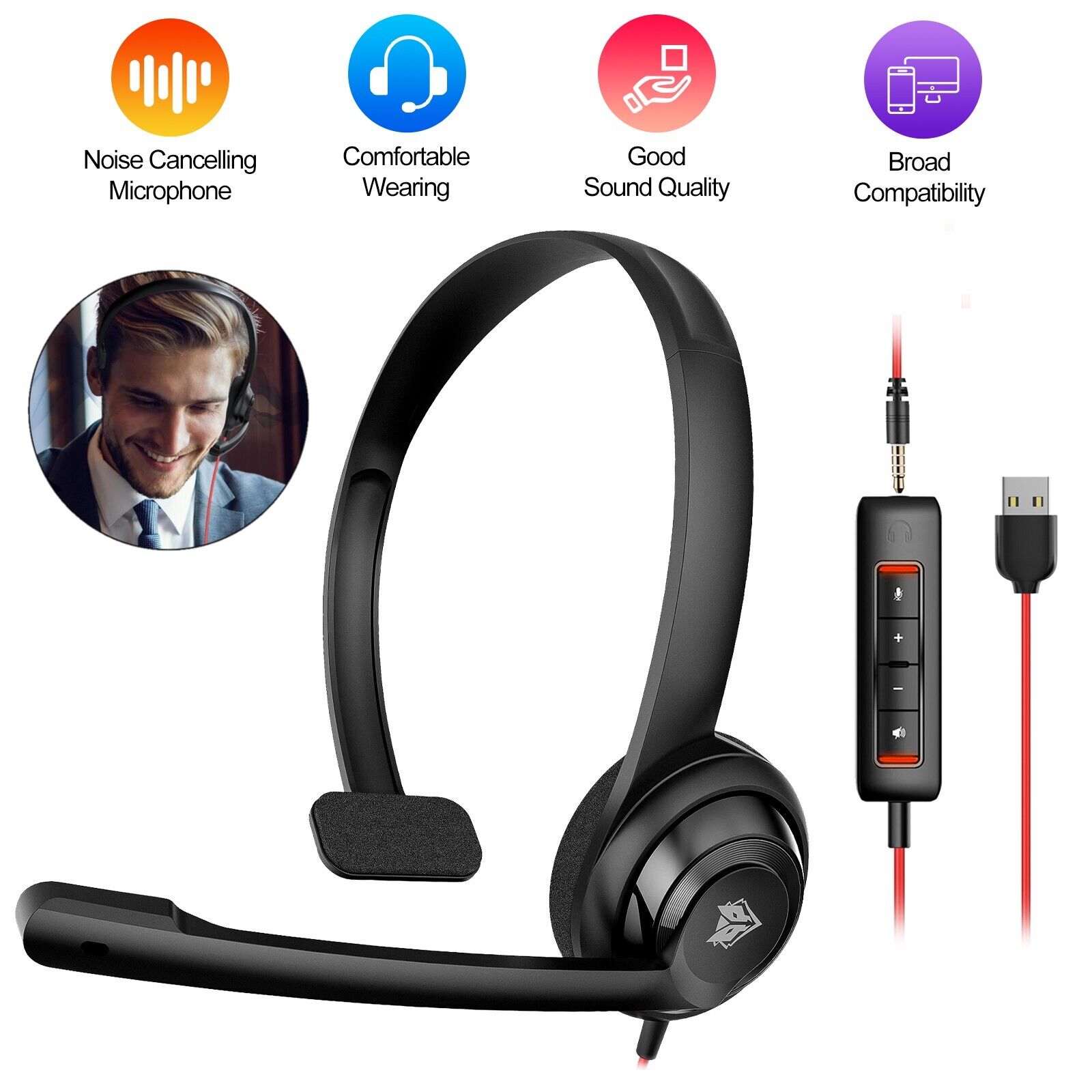 USB Wired Computer Headset with Noise-Cancelling Microphone for Skype Meetings
