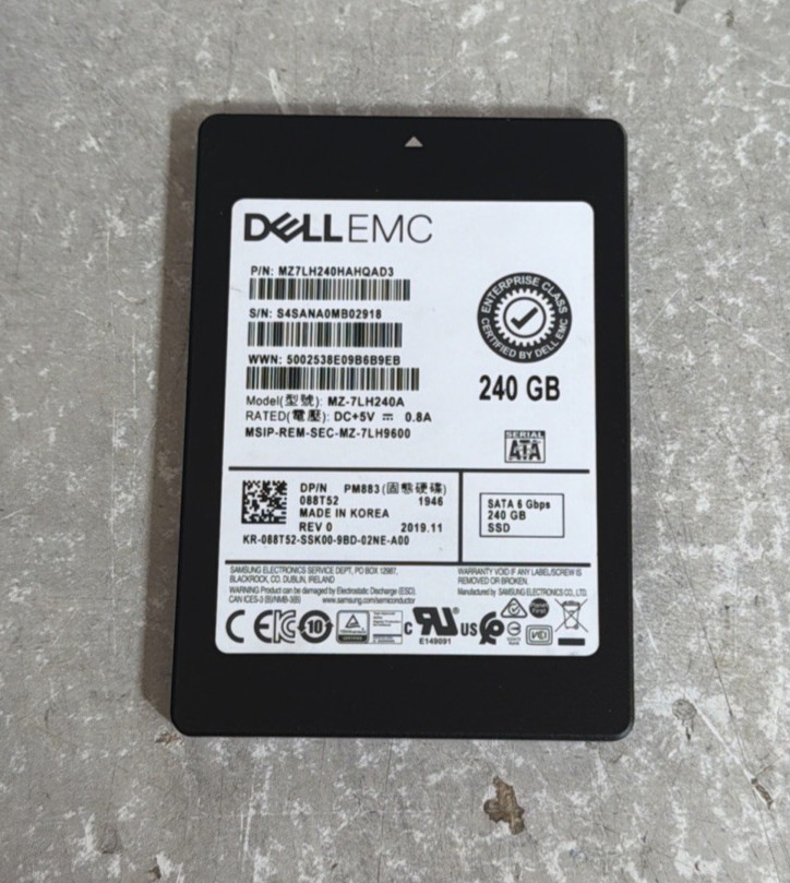 Dell EMC Enterprise Class 240GB SATA 6Gbps SSD | 88T52 / MZ-7LH240A - 52 Hours