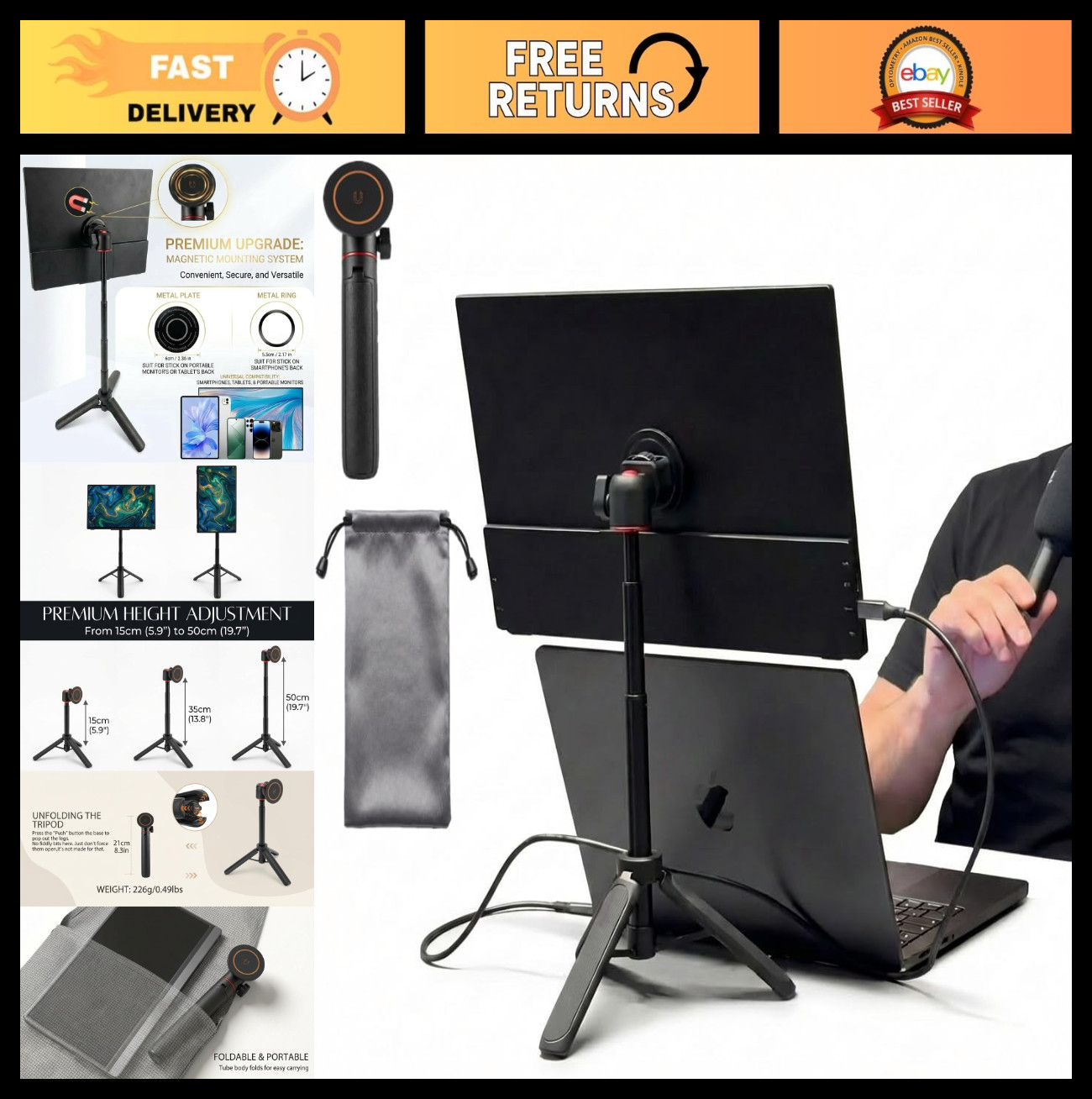 Adjustable Portable Monitor Stand, Magnetic Metal Tripod for 15.6" Screens, Fits
