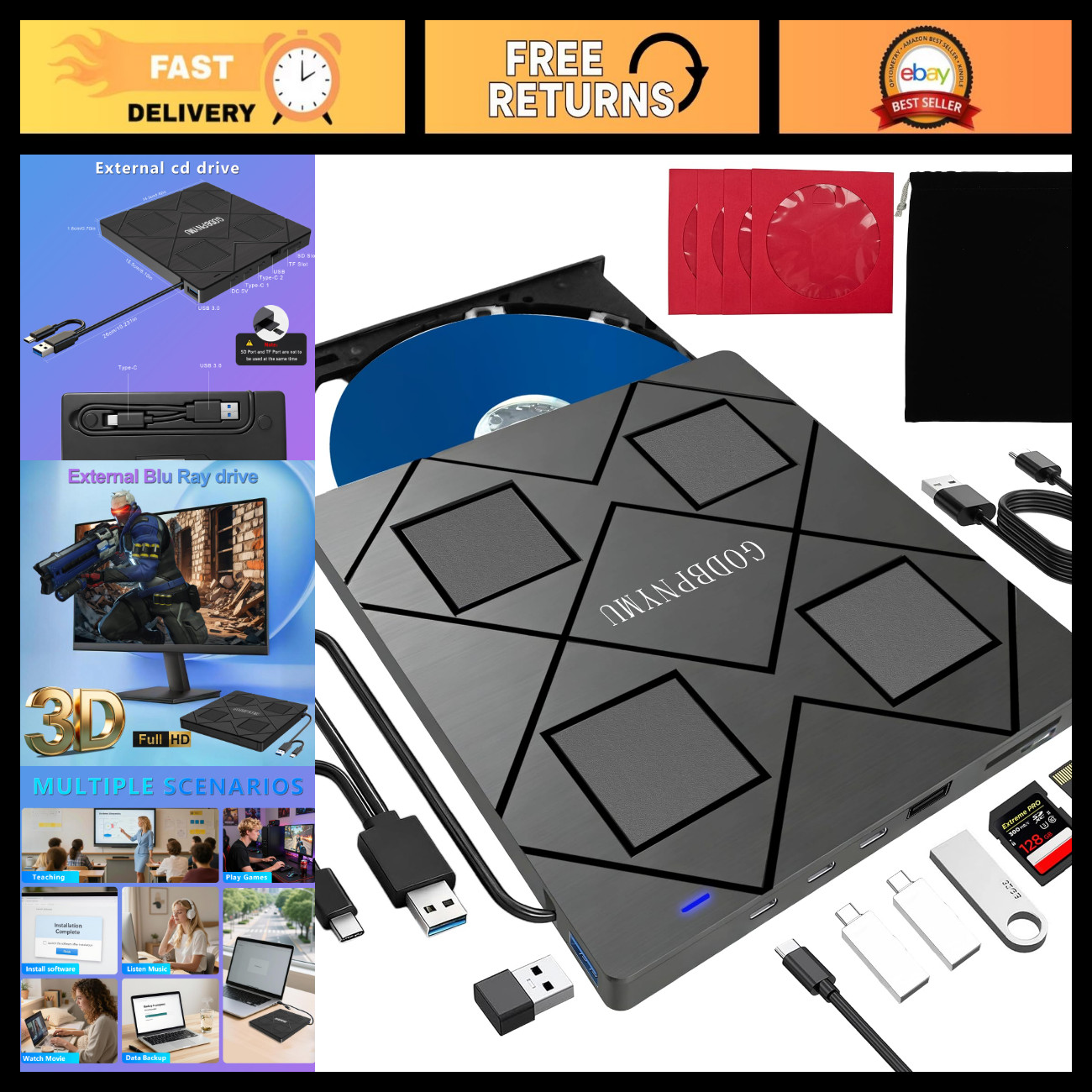 8-in-1 USB-C External Blu-ray Drive, Hub & Card Reader for Laptop, PC & Mac