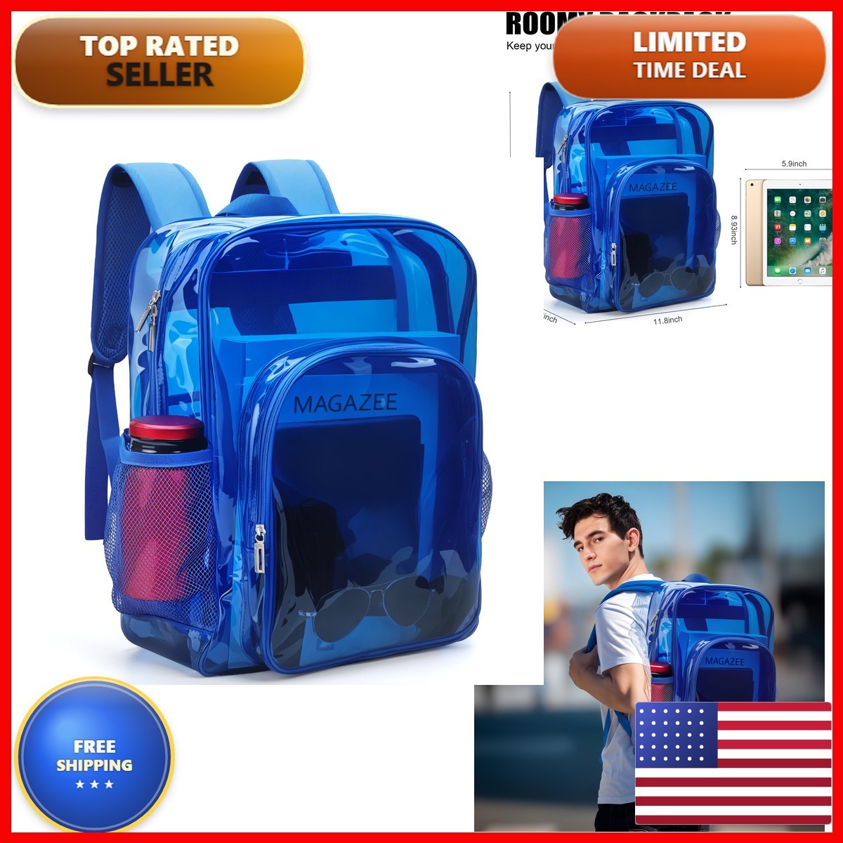 Nausear Clear Backpack School Bag Stadium Approved - H18''xW14''xD8 XCNYCB006
