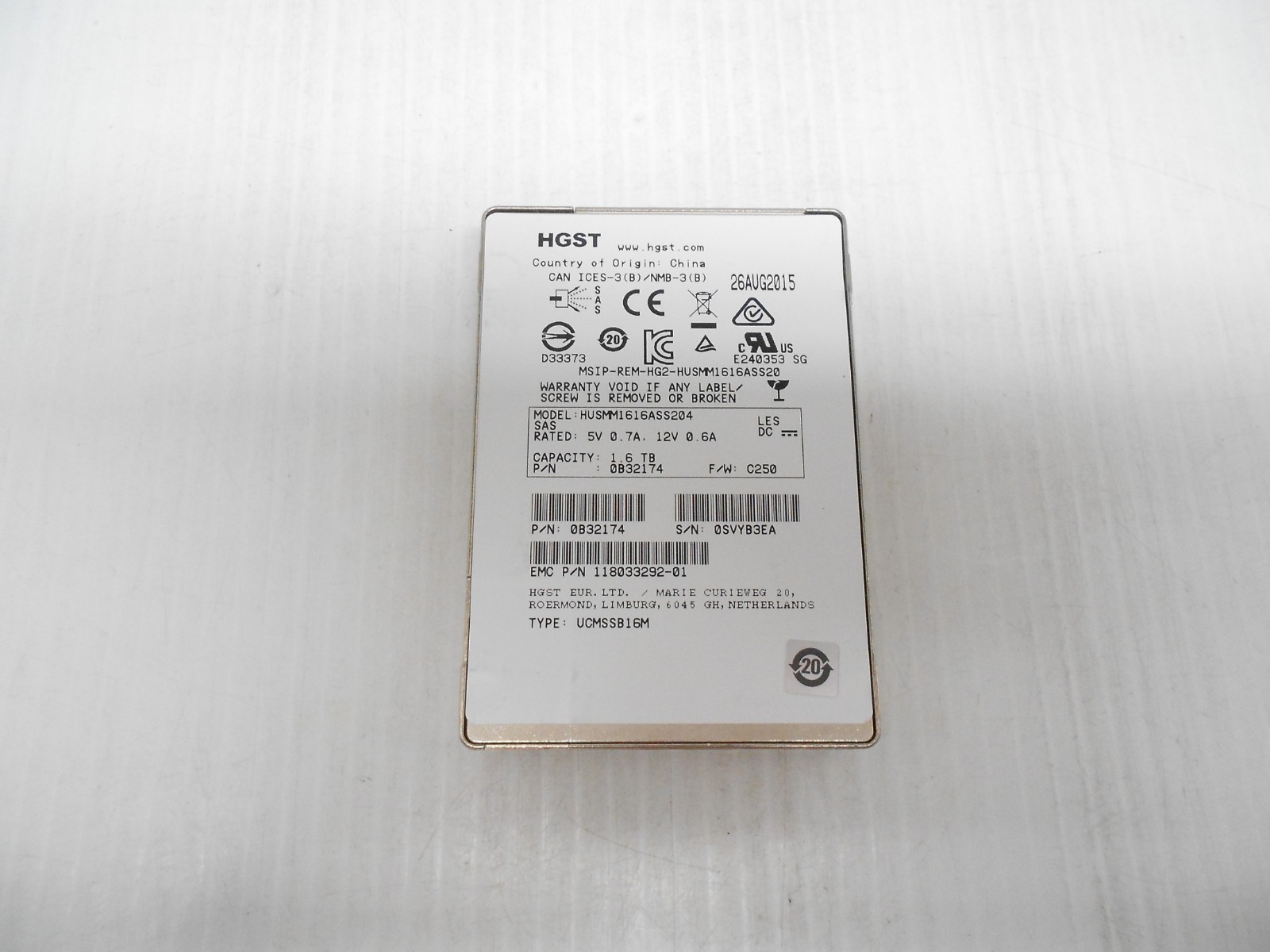 HGST 1.6TB SAS SSD HUSMM1616ASS204 2.5'' Server Hard Drive 12Gbps 512 Dell HP