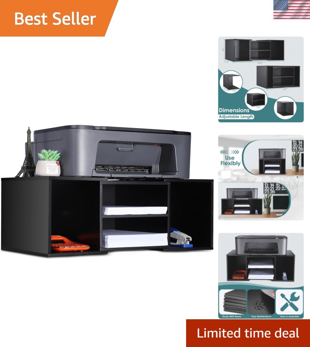 Sturdy and Stylish Black Printer Stand, 2-Tier with Adjustable Length Features