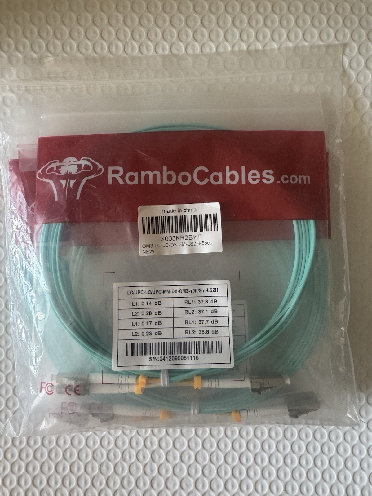 Rambo cables (Lot Of 5) Of OM3-LC-DX-3 Meter/10ft Fiber Optical Patch Cable New.