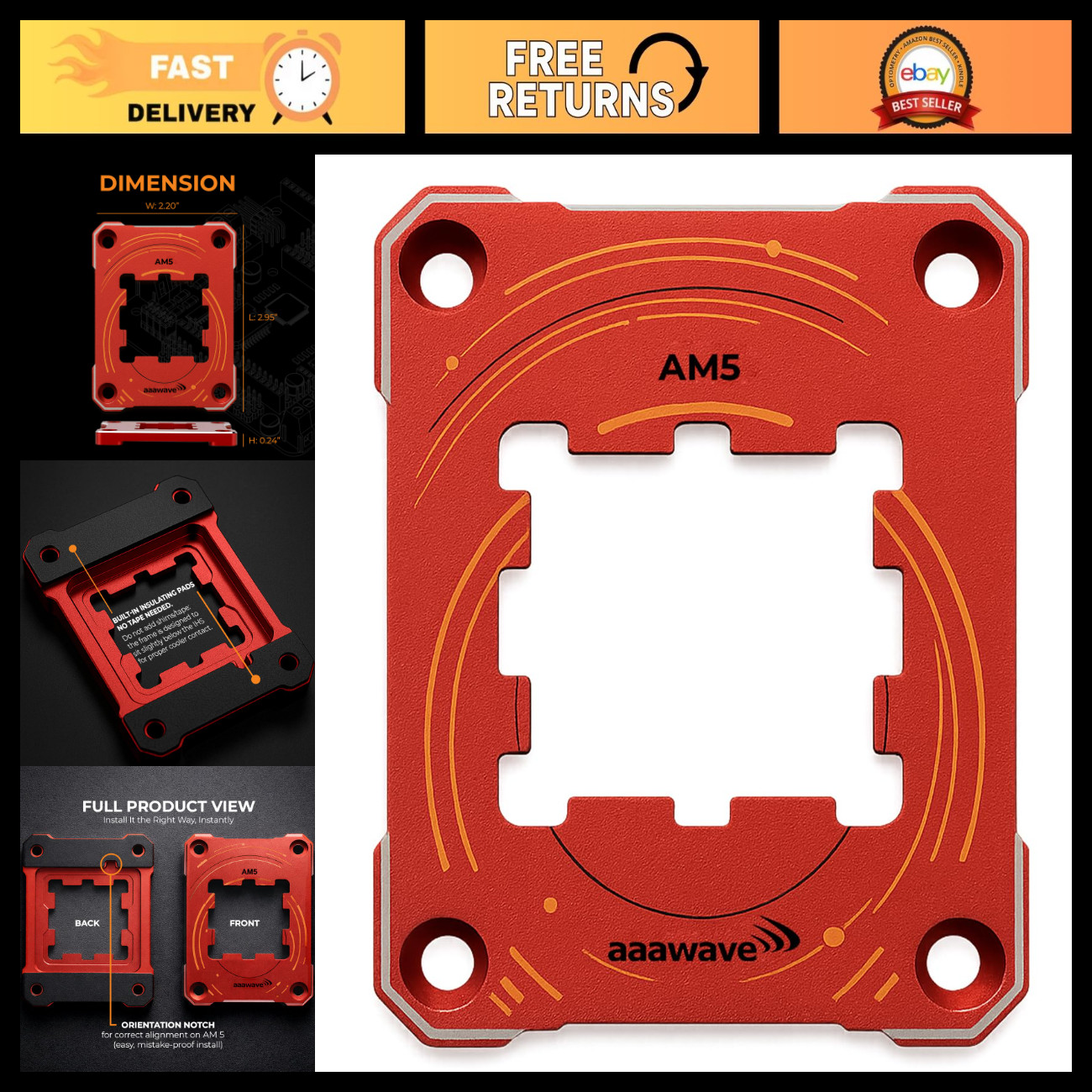 CPU Bracket Contact Sealing Frame, Anti-Bending Guard for AM5 - Red, Durable Des