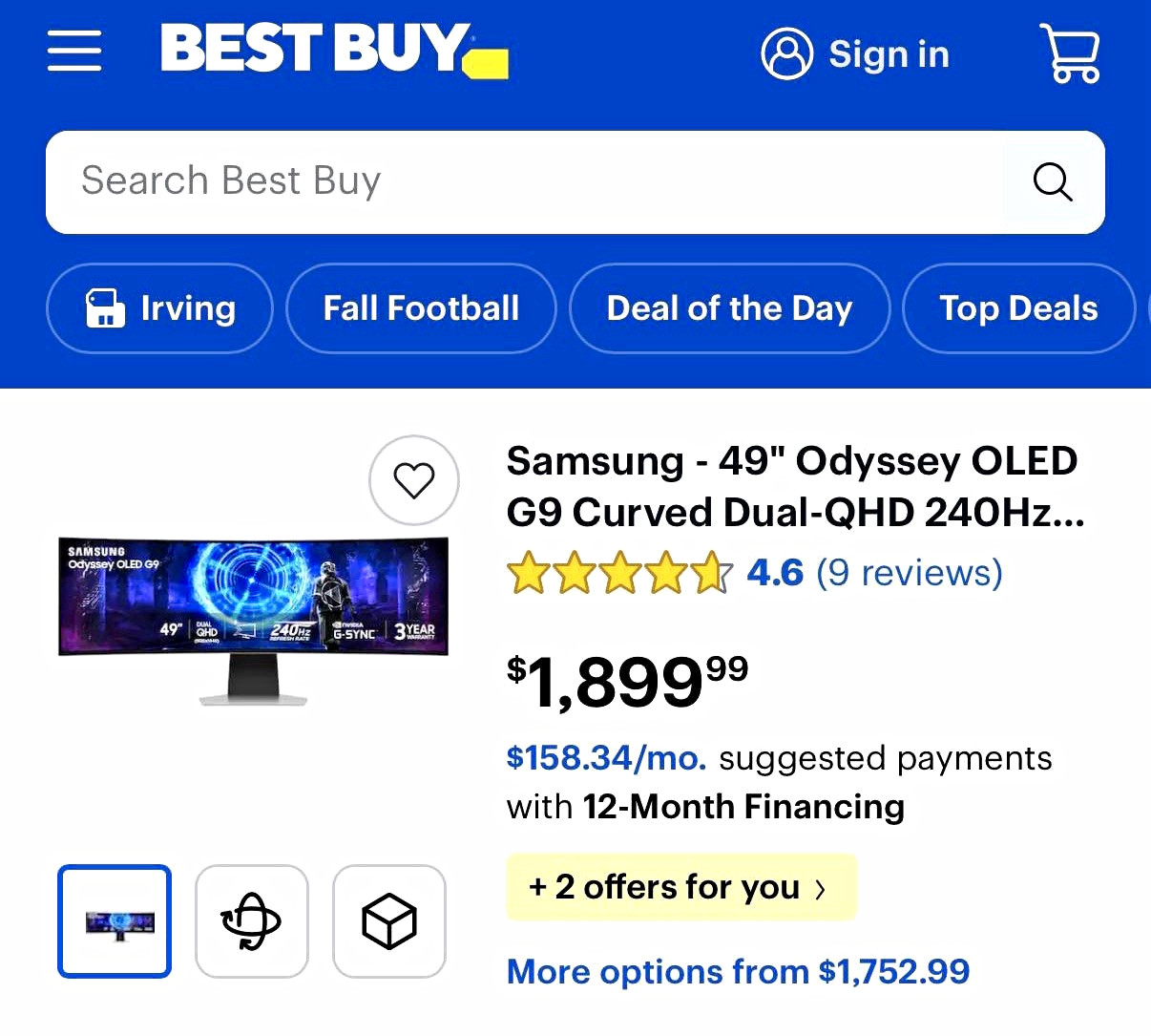 Samsung Odyssey OLED G9 G93SD 49in 240Hz Dual QHD Monitor S49DG934SN. New.
