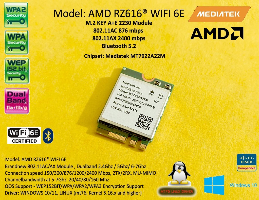 AMD Mediatek RZ616® NGFF M.2 WIFI 6E 802.11AX Bluetooth 5.2 MT7922 AX2400