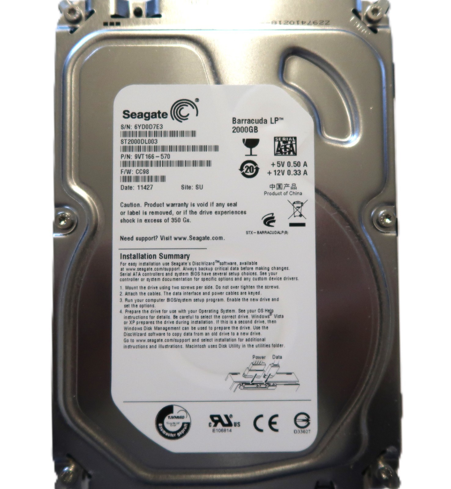 Seagate ST2000DL003 9VT166-570 CC98 SU China (6YD0) 3.5" 2TB Sata HDD 04/2011