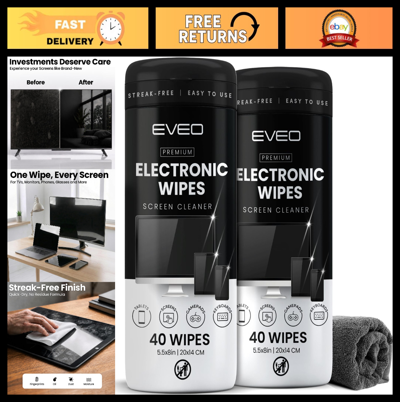 Streak-Free Electronic Screen Cleaner Wipes 80 Count - TV, Laptop, iPhone, iPad,