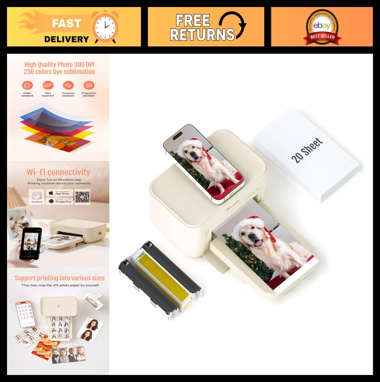 Portable 4x6 Photo Printer, Wi-Fi Wireless, Instant Printing for iPhone & Androi