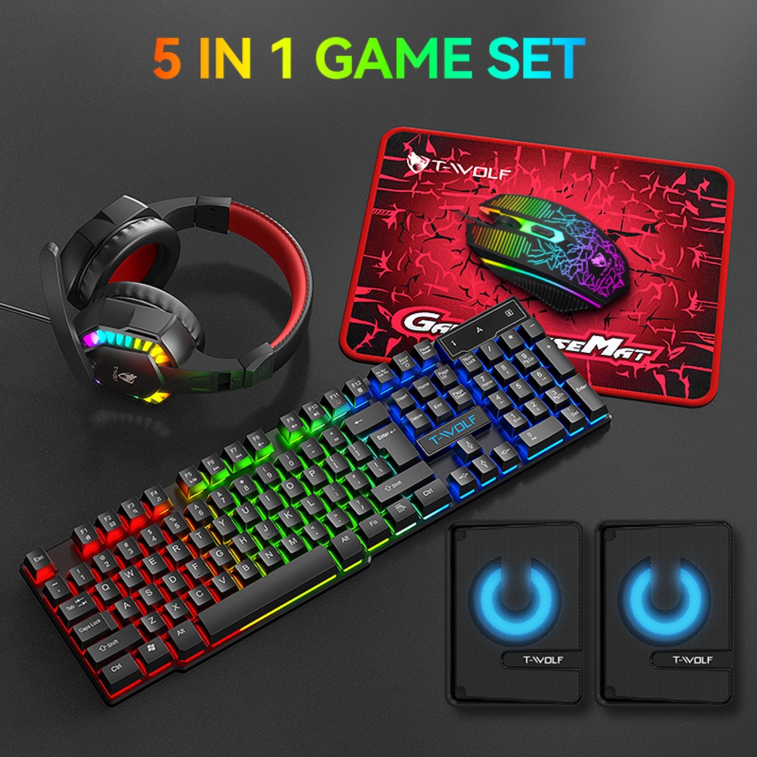 5 in 1 RGB LED Gaming Keyboard Backlit Mouse Headset Speakers and Mousepad Combo