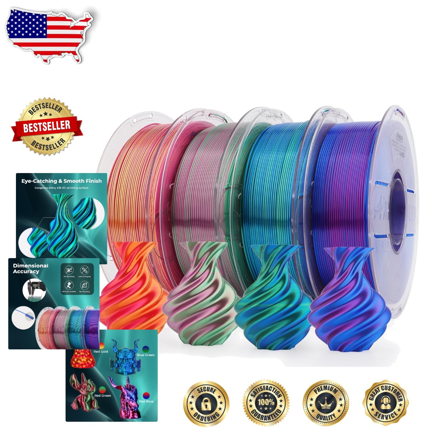 Shiny Silk PLA Filament 4 Spools 1.75mm Dual Color Bundle 4KG