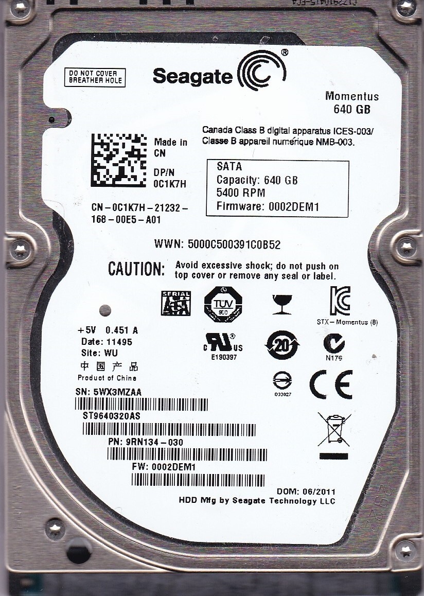 ST9640320AS p/n: 9RN134-030 fw: 0002DEM1 s/n: 5WX 2011 WU 640GB SATA 2.5 SEAGATE