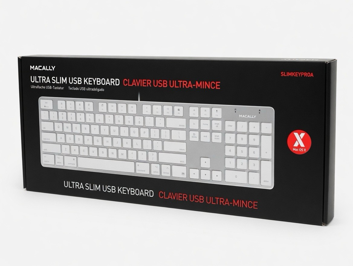 Macally Ultra Slim Full Size USB Wired Keyboard for Mac - silver/white - NEW