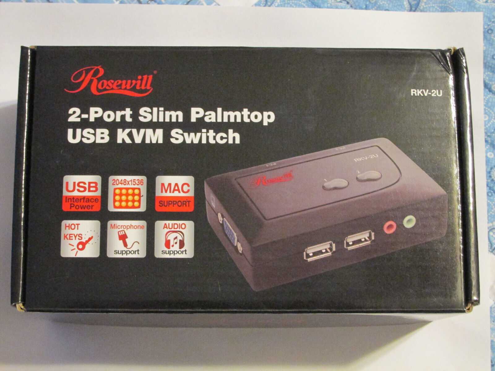 Rosewill RKV-2U 2 Port Slim Palmtop USB KVM Switch w/ Audio & Mic with Cables