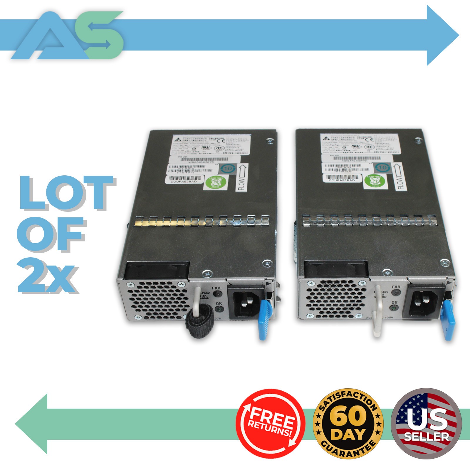 Lot of 2 Cisco N2200-PAC-400W Nexus 2000 Series 400W Power Supply | 341-0375-06