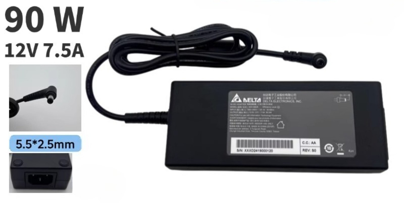 Genuine Delta 90W 12V 7.5A Charger Power Supply 5.5*2.5mm Tip AC Adapter
