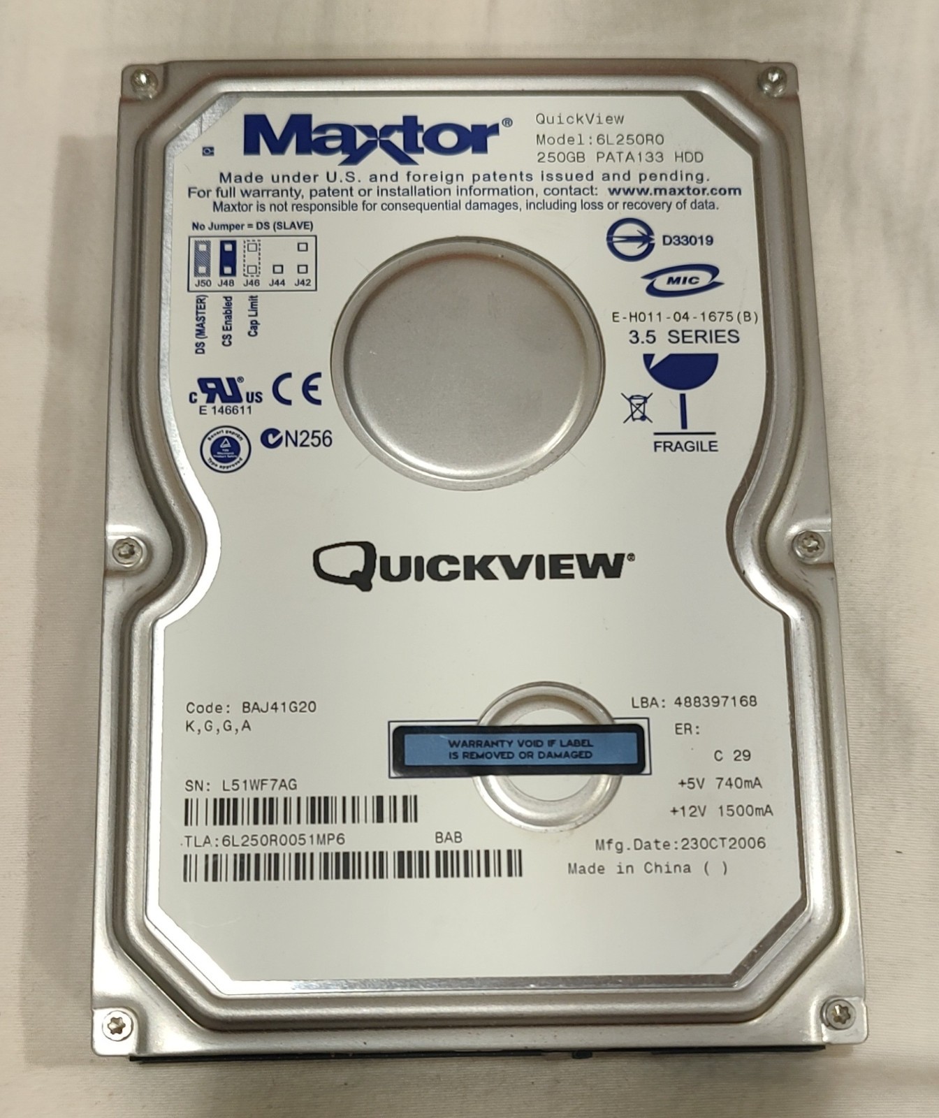 Maxtor 250GB 6L250R0 3.5'' IDE PATA Drive barely used (20-22 days runtime)