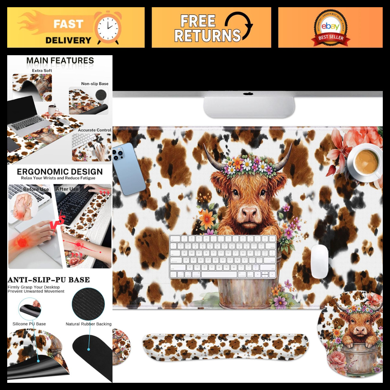 Highland Cow 4-in-1 Desk Mat Set - Keyboard & Mouse Pad, Gaming Accessories