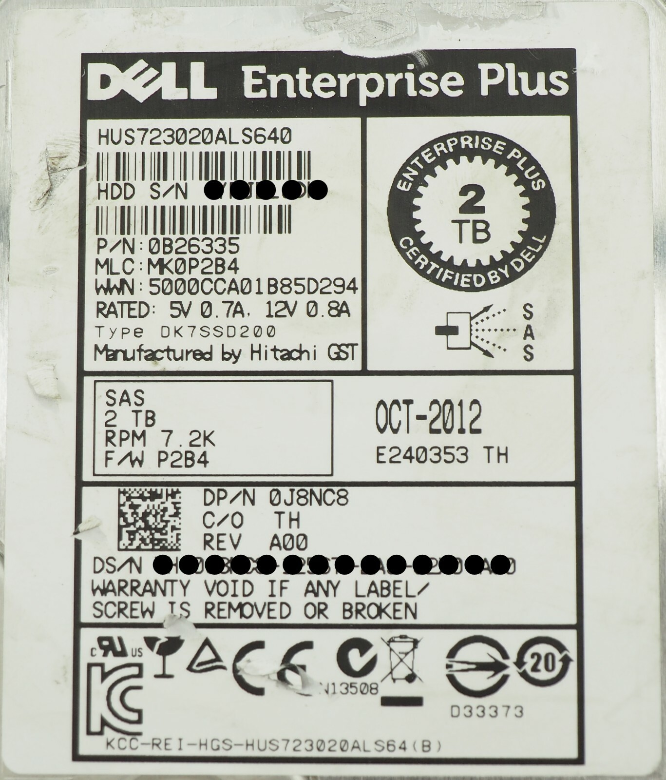 Dell Enterprise Plus 0J8NC8 HUS723020ALS640 2TB 7.2K RPM 3.5" SAS HDD