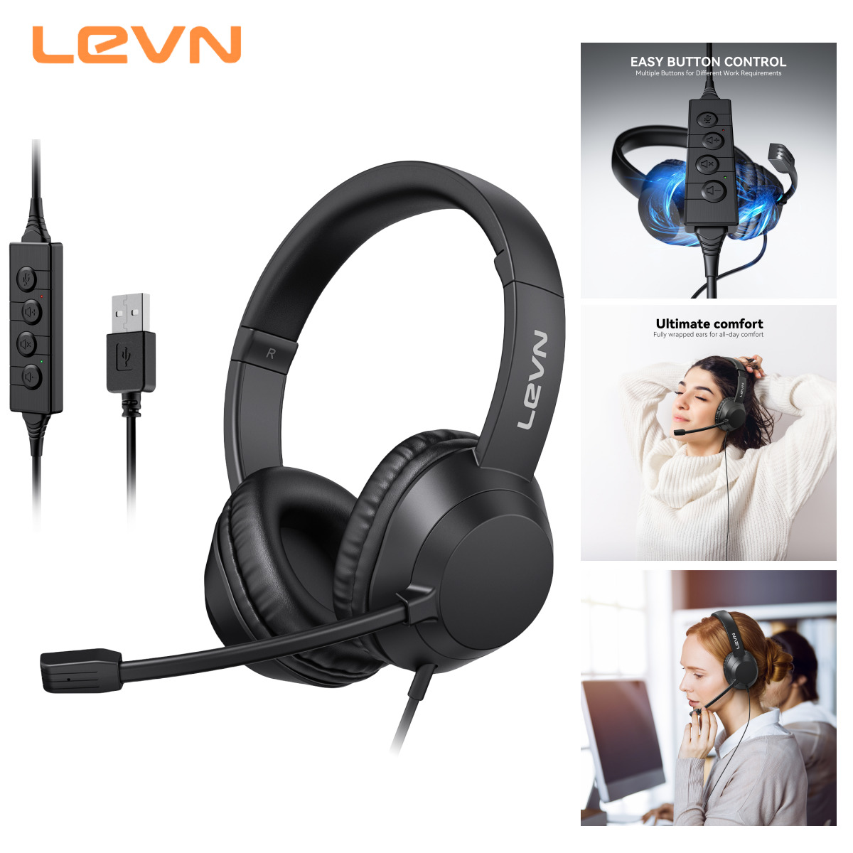 LEVN Wired Headset, Computer Headset with Noise Cancelling Micr For Laptop PC