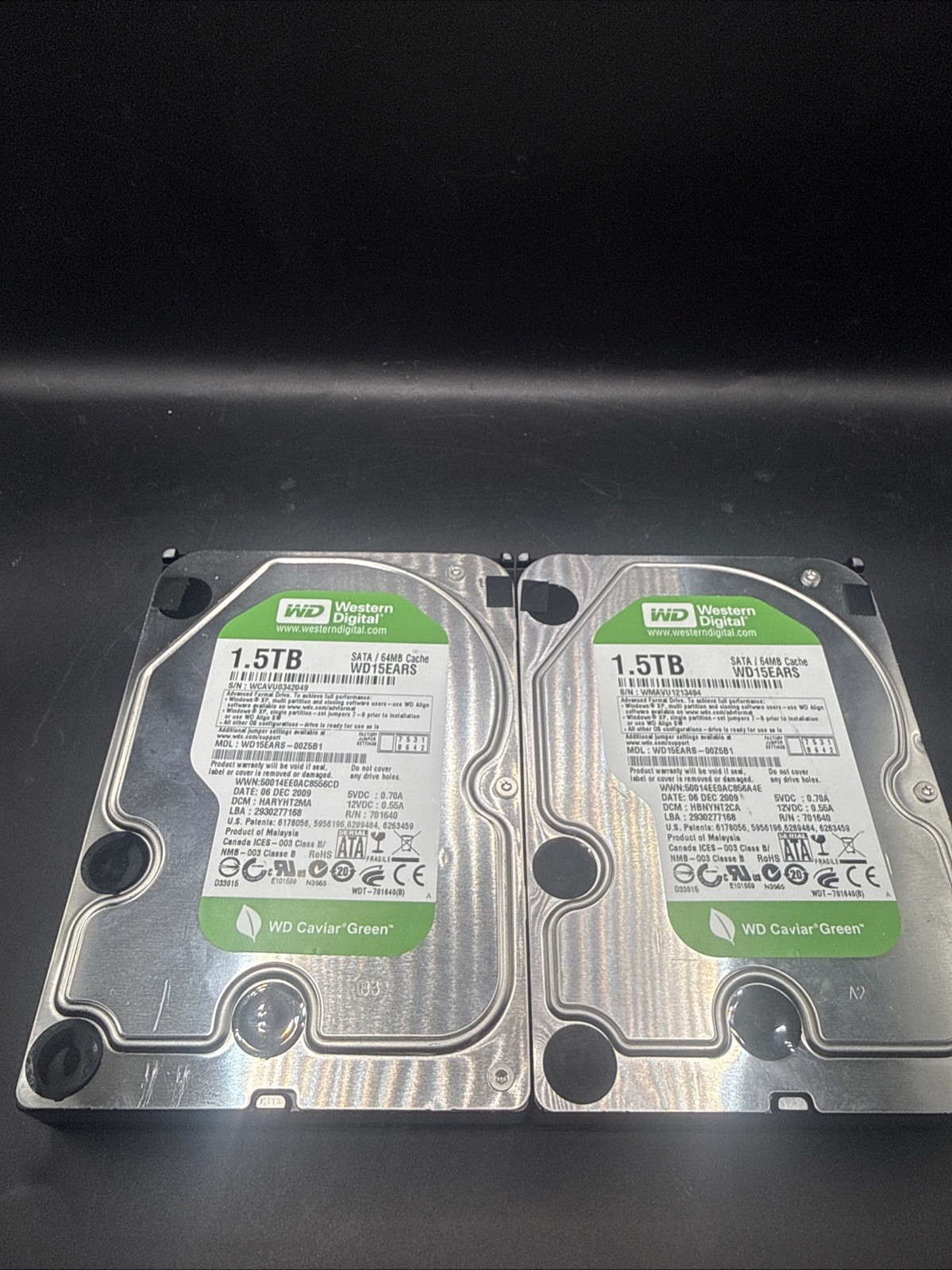 Lot Of 2 Western Digital Caviar Green 1.5TB Hard Drive WD15EARS WD15EARS-00Z5B1