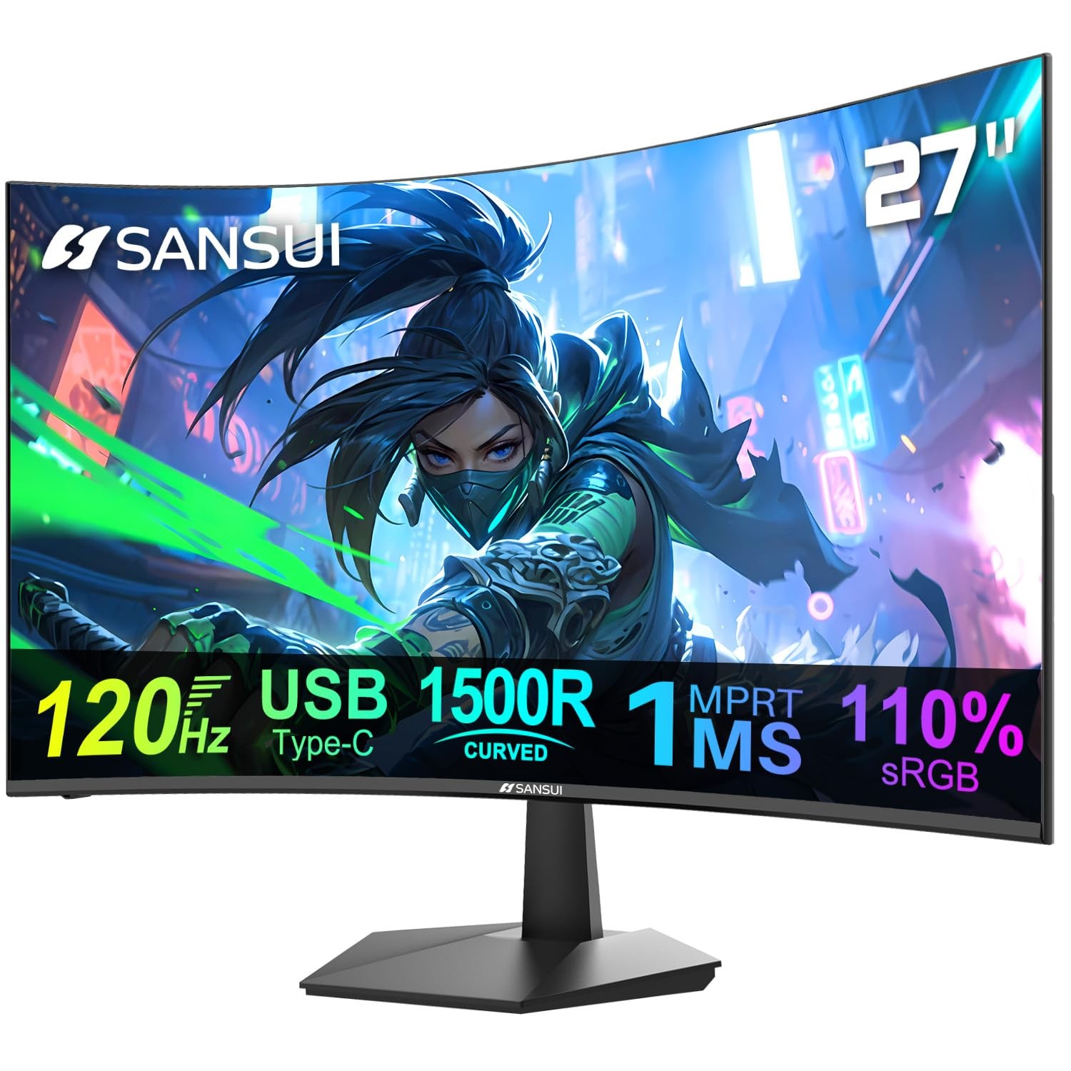 SANSUI 27" Curved Computer Monitor 120Hz 1ms USB-C HDMI Speakers Black