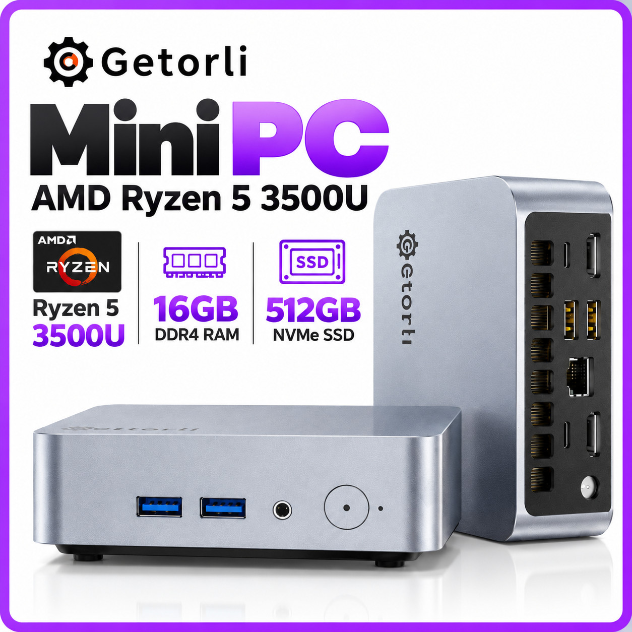 Getorli GT101 Mini PC Ryzen 5 3500U 16GB DDR4 512GB NVMe SSD WiFi 6 BT5.3 4K HDM