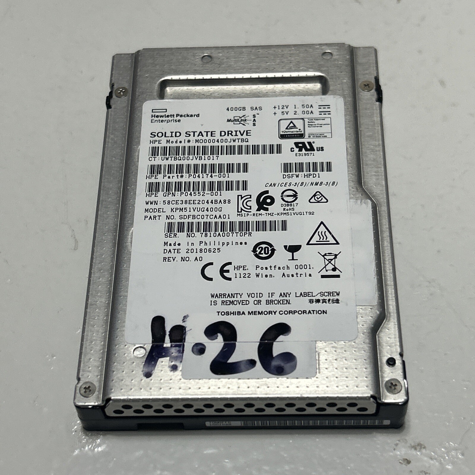 HPE Toshiba 400GB 12G SAS MU DS 2.5in SFF SSD Smart Carrier G8 G9 G10 DS Gen10