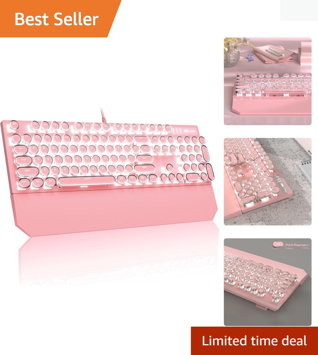 104-Key LED Backlit Retro Pink Mechanical Keyboard with Magnetic Wrist Rest