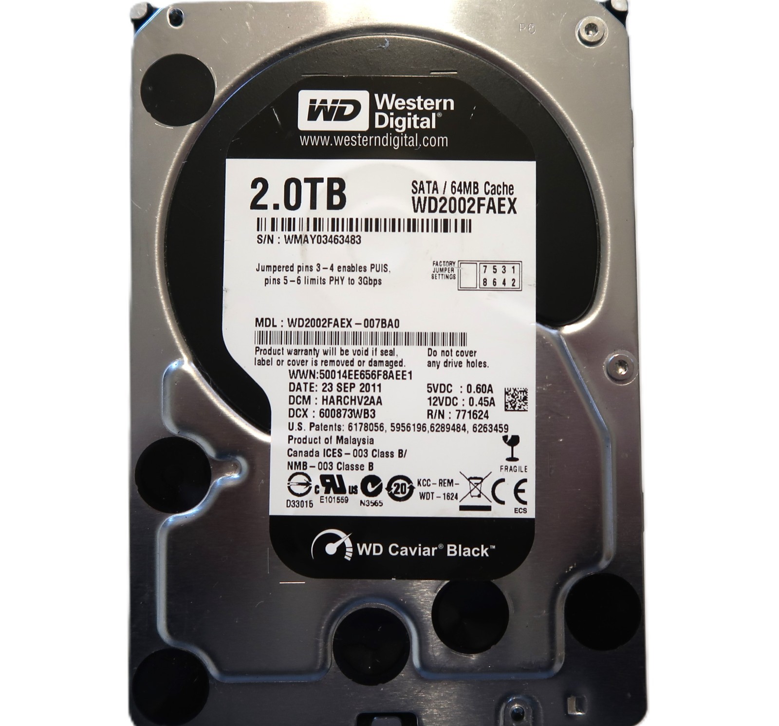 WD WD2002FAEX-007BA0 HARCHV2AA (WMAY) Malaysia 3.5" 2TB Sata HDD SEP/2011