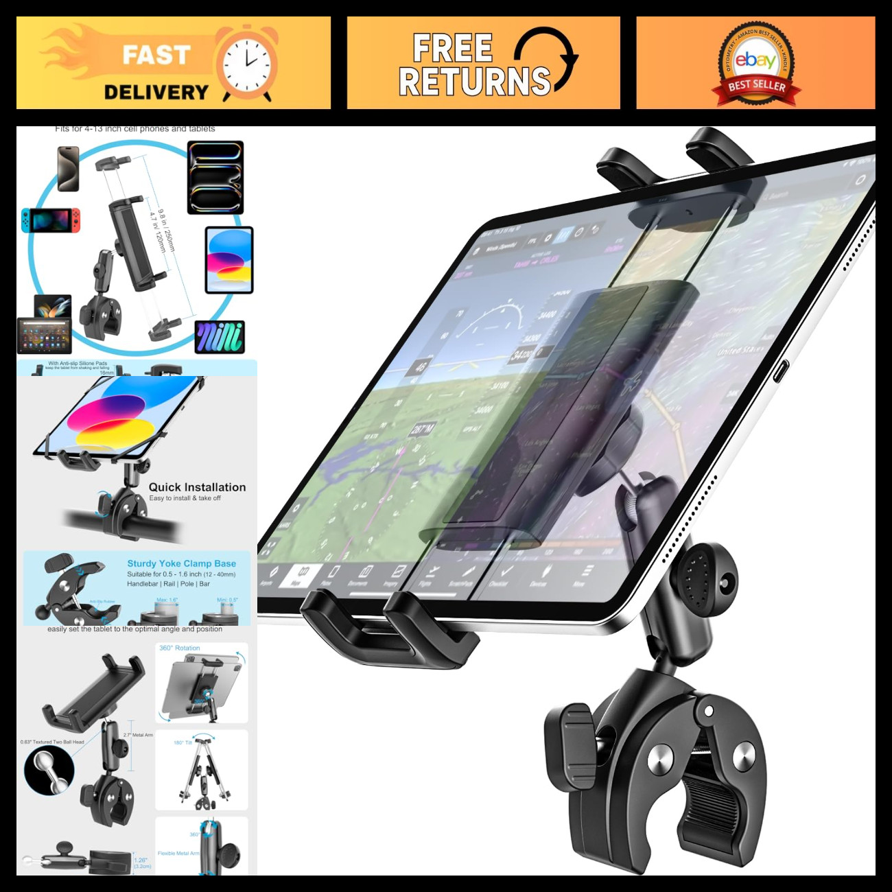 Universal Tablet Yoke Mount Clamp for Aircraft - Adjustable Metal Arm Holder
