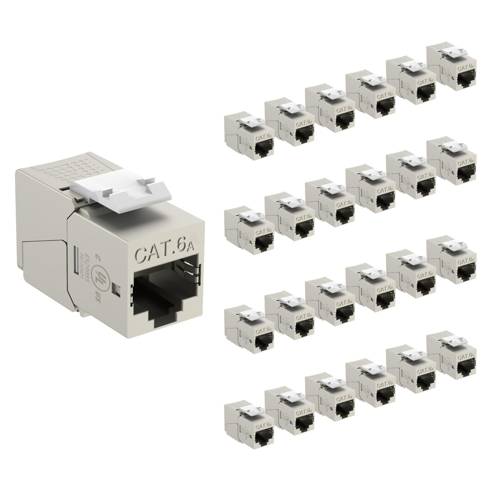 UL Listed 10Gbps Cat6A Shielded Keystone Jack Insert 25 Pack, Silver