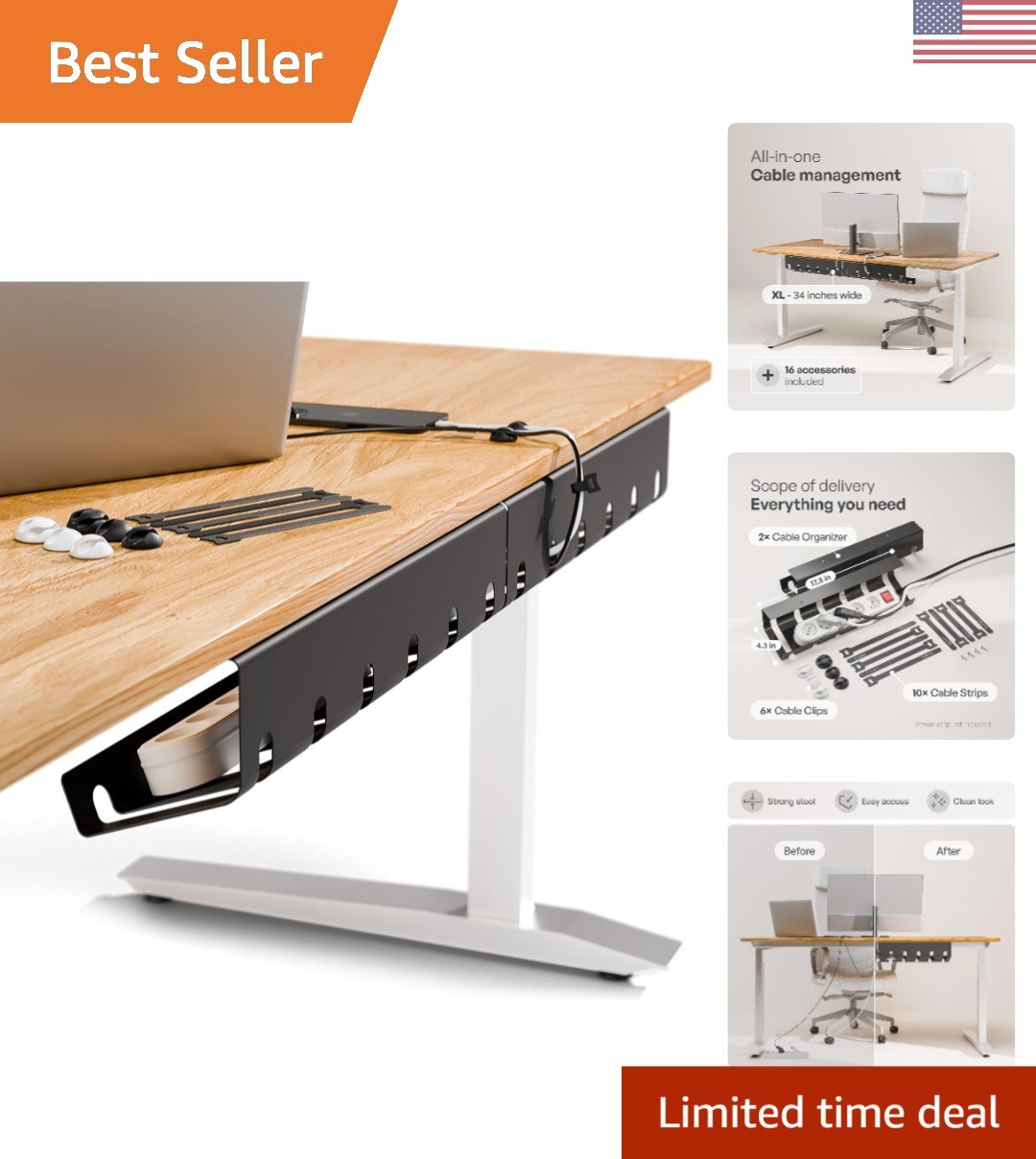 Effortless Under Desk Cable Management Organizer - Includes 10 Reusable Ties
