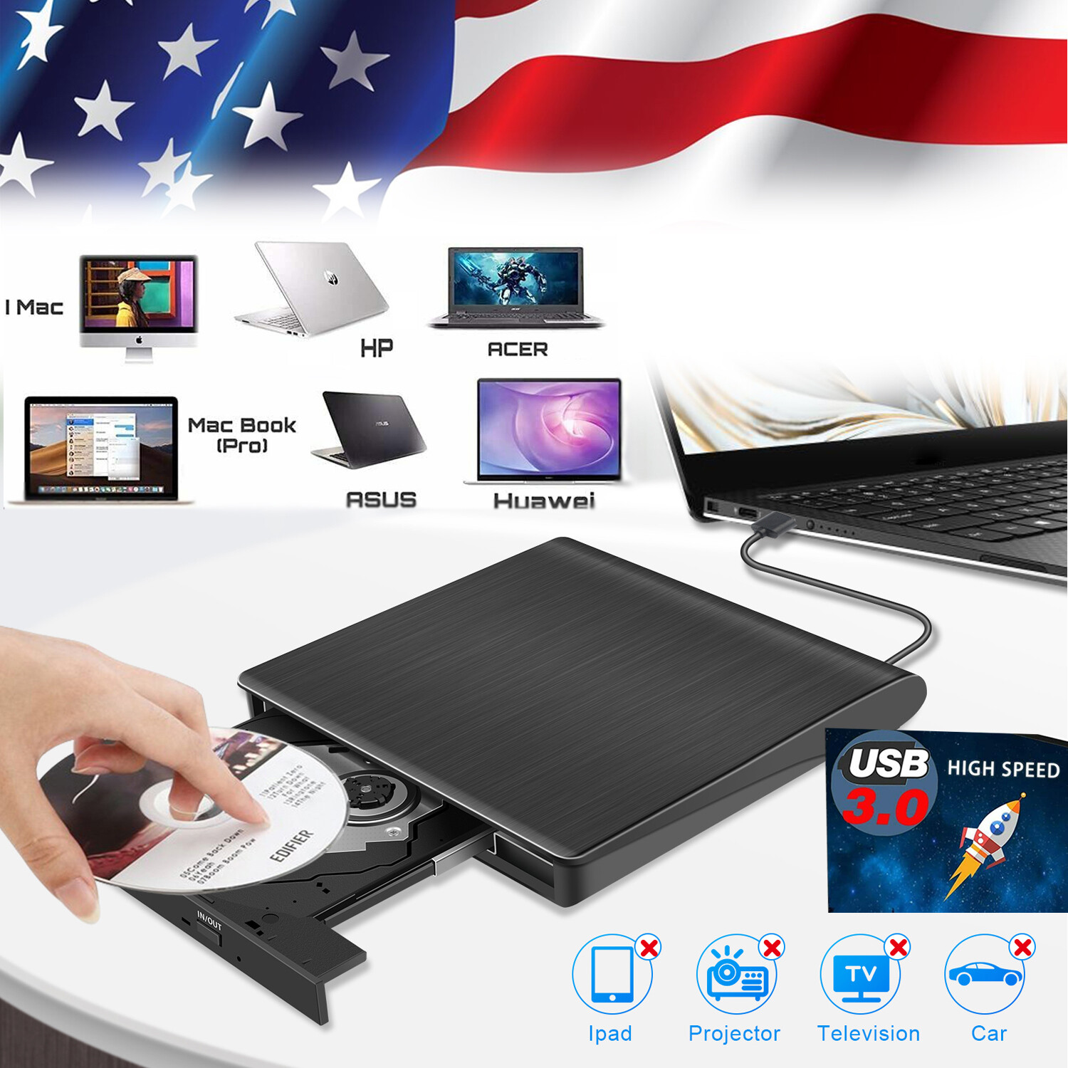 External CD Drive USB 3.0 Portable RW DVD Drive for Desktop/Laptop/Mac OS HP PC