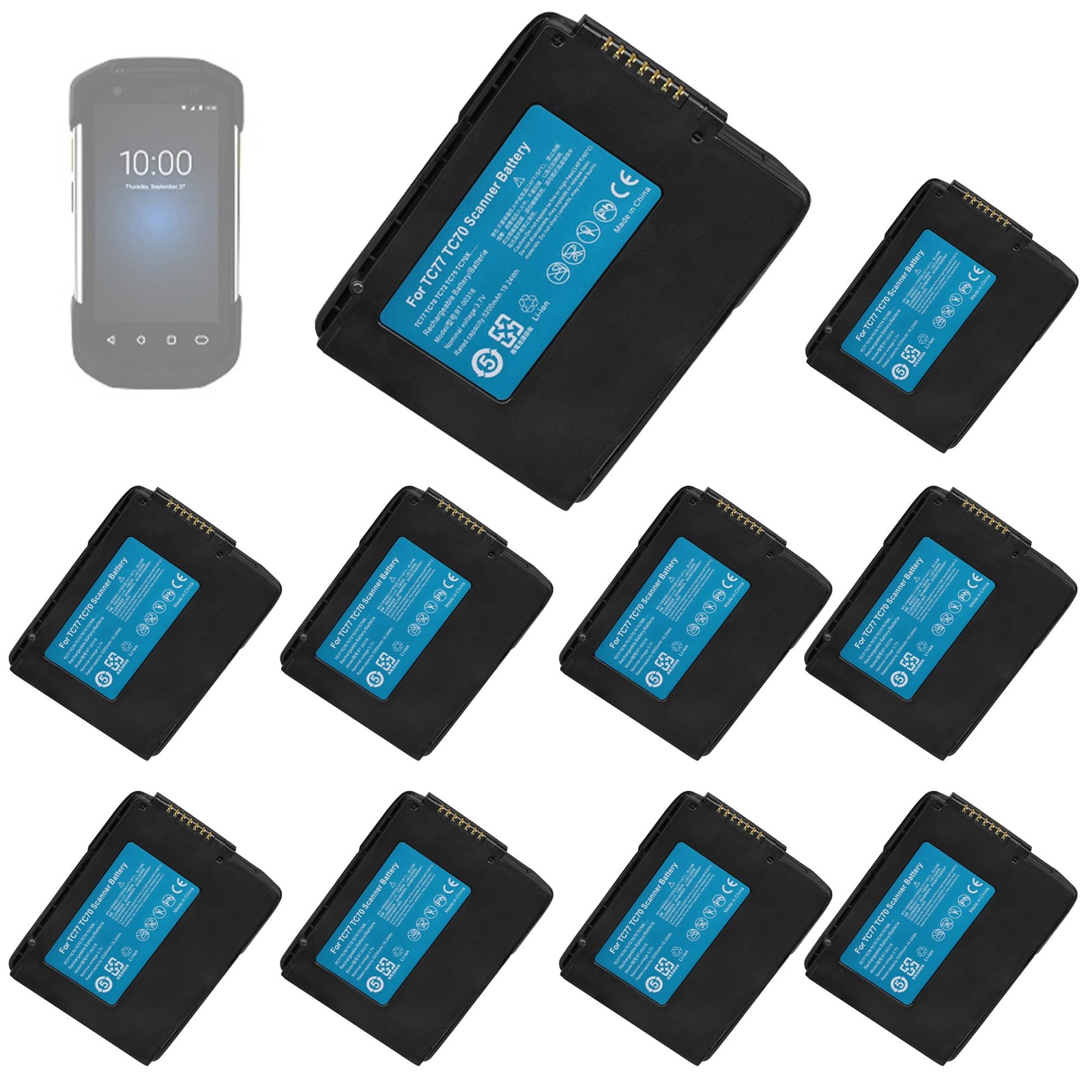 10 Pack for Zebra TC77 Scanner Battery TC70 TC71 TC72 TC75 TC55, Black